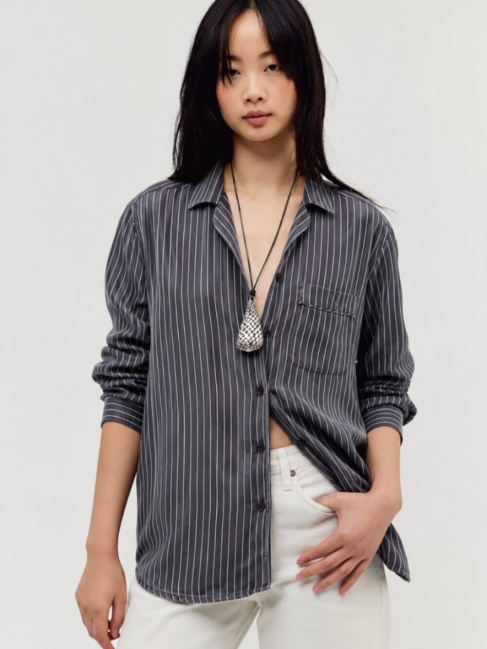EQUIPMENT PINSTRIPE SILK BUTTON DOWN SHIRT